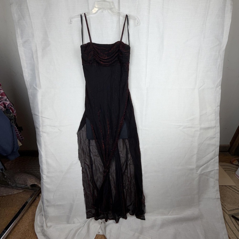 VTG Hyphen Dress Womens Small Black Glitter Mesh Cowl Neck Slip Maxi Formal Y2k